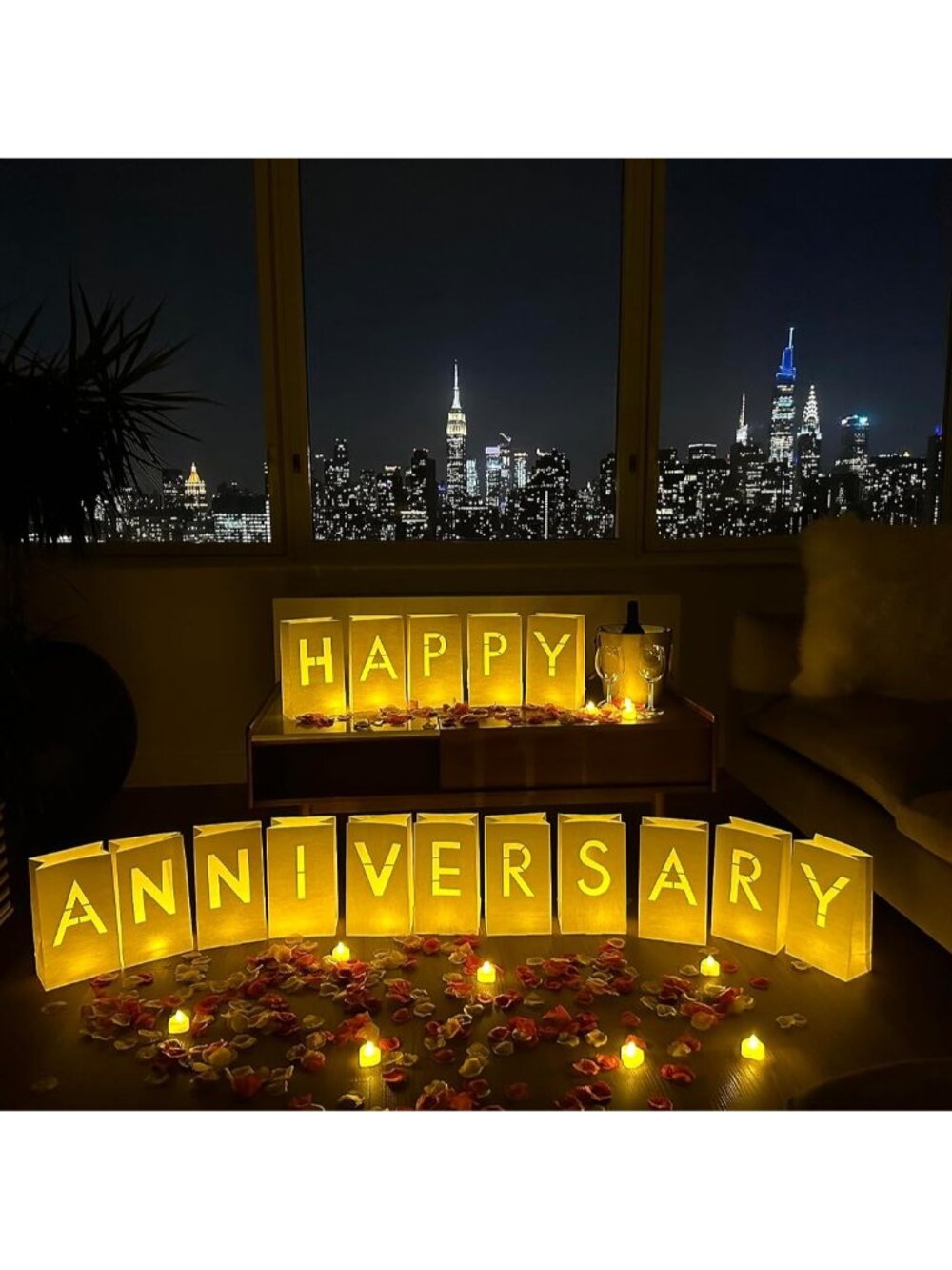 Happy Anniversary Light Up Letters, 30 Tea Lights & 2000 Rose Petals